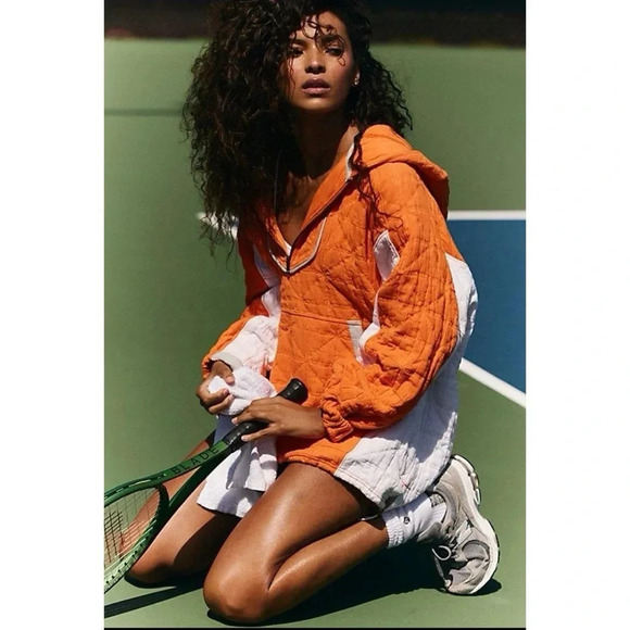 NWT Free People Quilted Pullover Quarter Zip Hoodie Orange White XS - Picture 1 of 14